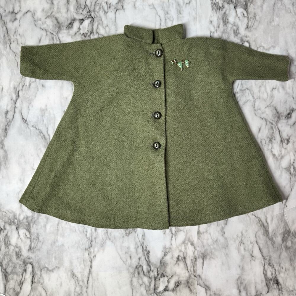 Vintage 60s Olive Green Wool Swing Coat Baby Girl Jacket Poodle Pin Infant 3-6 m